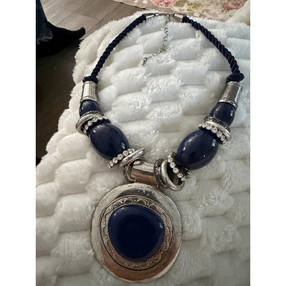 1990s Tribal Statement‎ Necklace | Faux Lapis Pendant, Silver-Tone, Boho Style